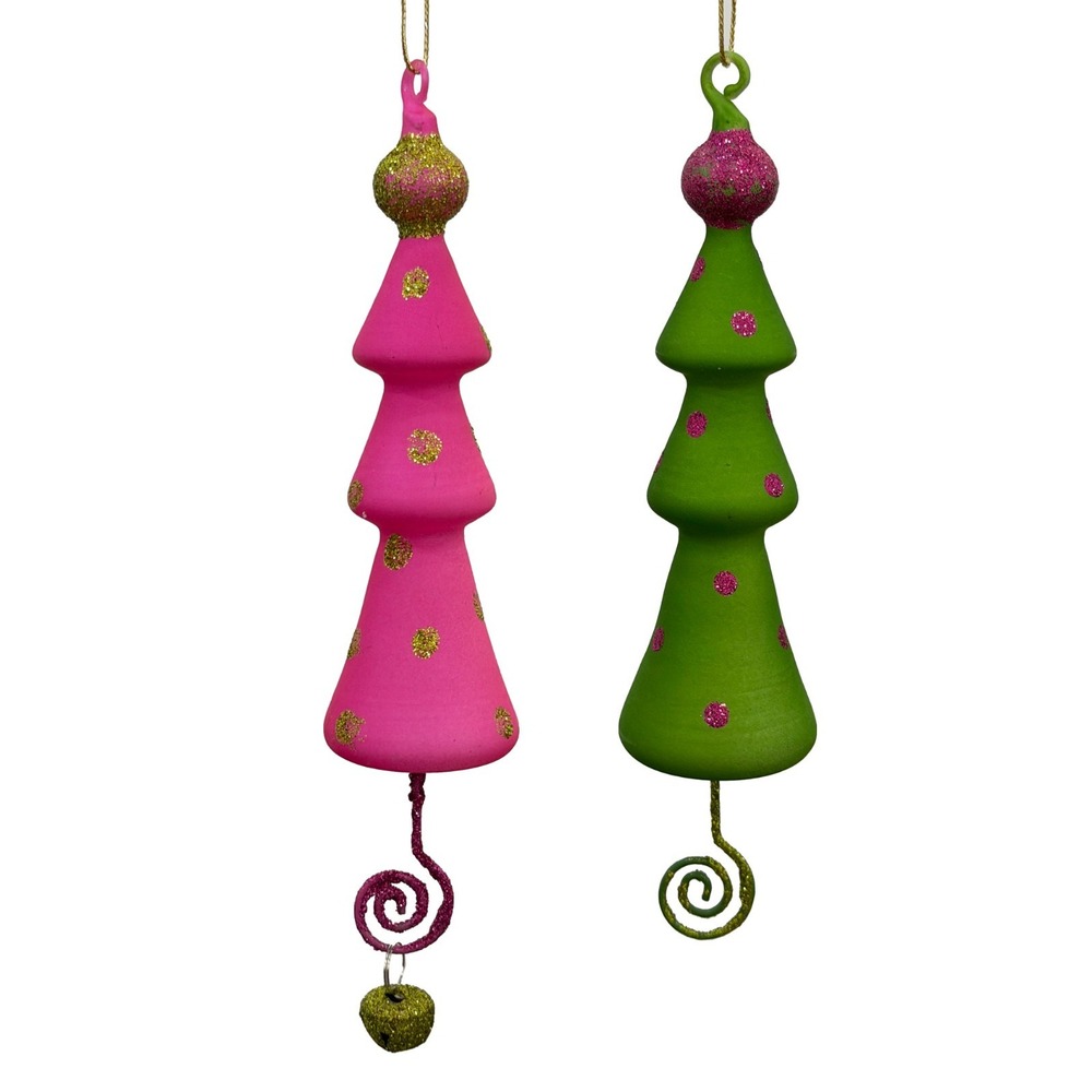 Tree Shaped Pink Green Blown Glass Whoville Style Ornaments Christmas Candyland